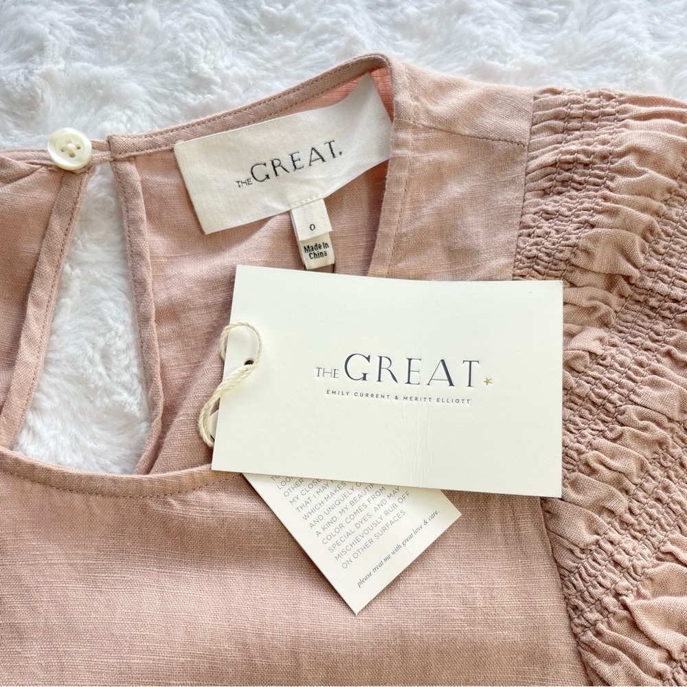 {THE GREAT.} The Smocked Sleeve Sash-Waist Midi Dress, Blush, Size 0, NWT - Picture 8 of 11